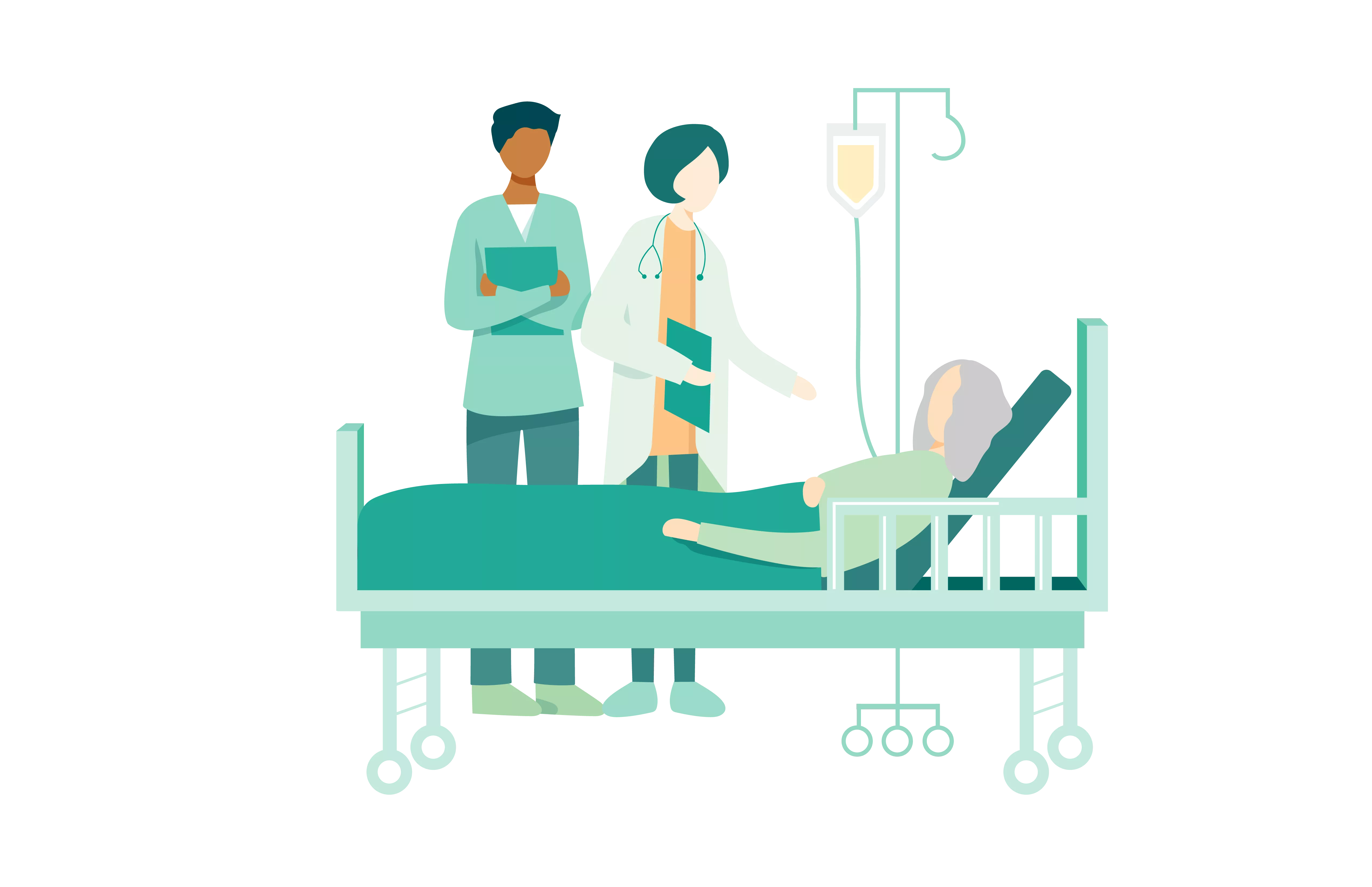 An illustration of a nurse and doctor speaking to patient in hospital bed
