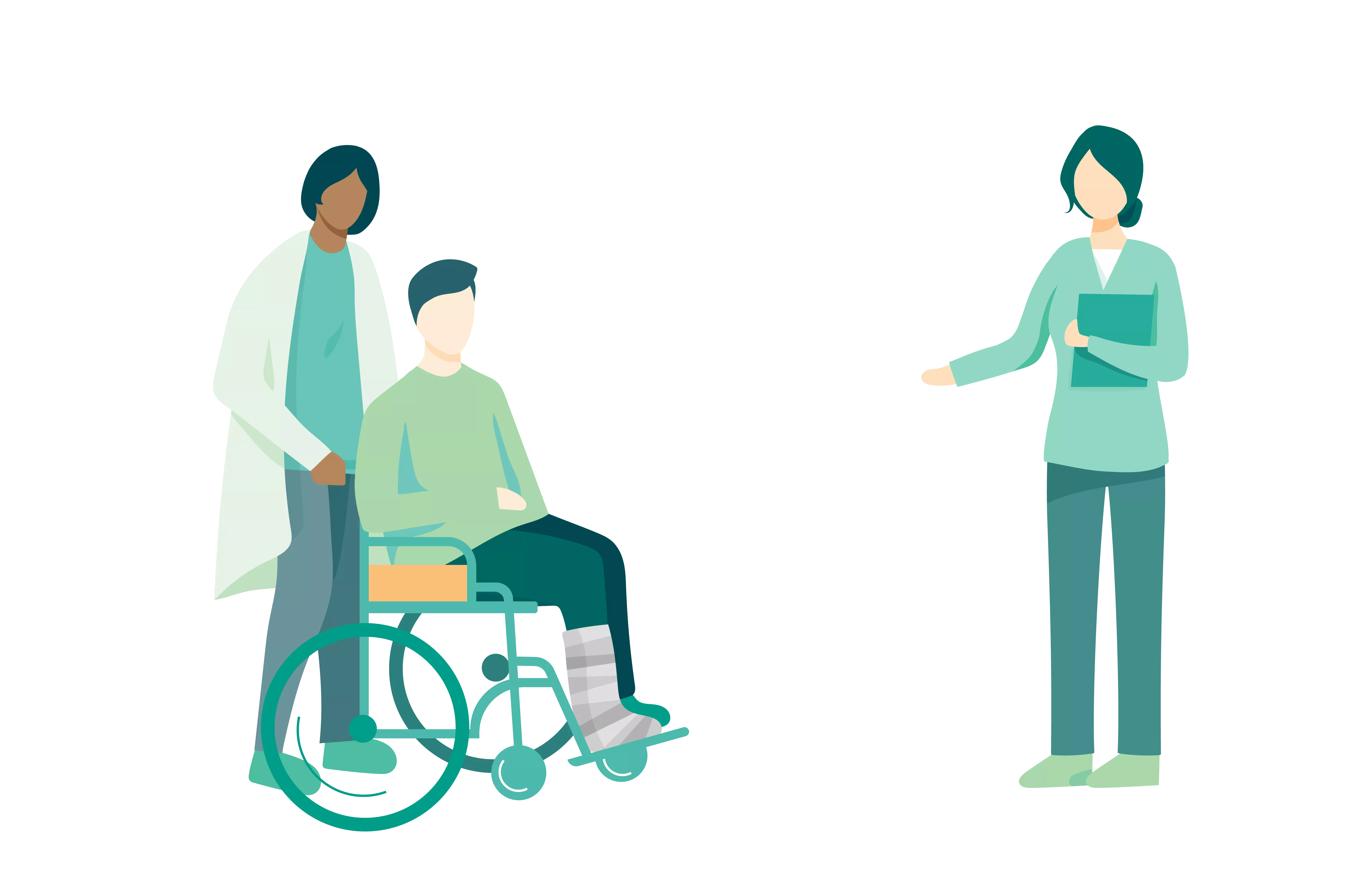 An illustration of a nurse and doctor speaking to patient in a wheelchair