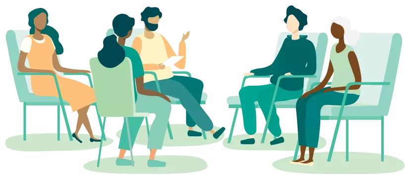 Illustration of a group of people sitting in chair circle chatting