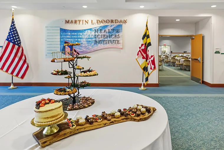 The elevator opens to a generous lobby that can accommodate registration tables, beverages, appetizers, or desserts. 