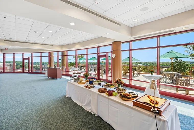 Doordan Institute offers a catering buffet setup with views of surrounding Annapolis.